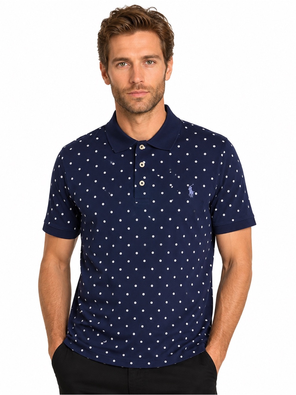 Polo Ralph Lauren Mens Classic Fit Blue White Polka Dot Polo Shirt Size L Cotton
